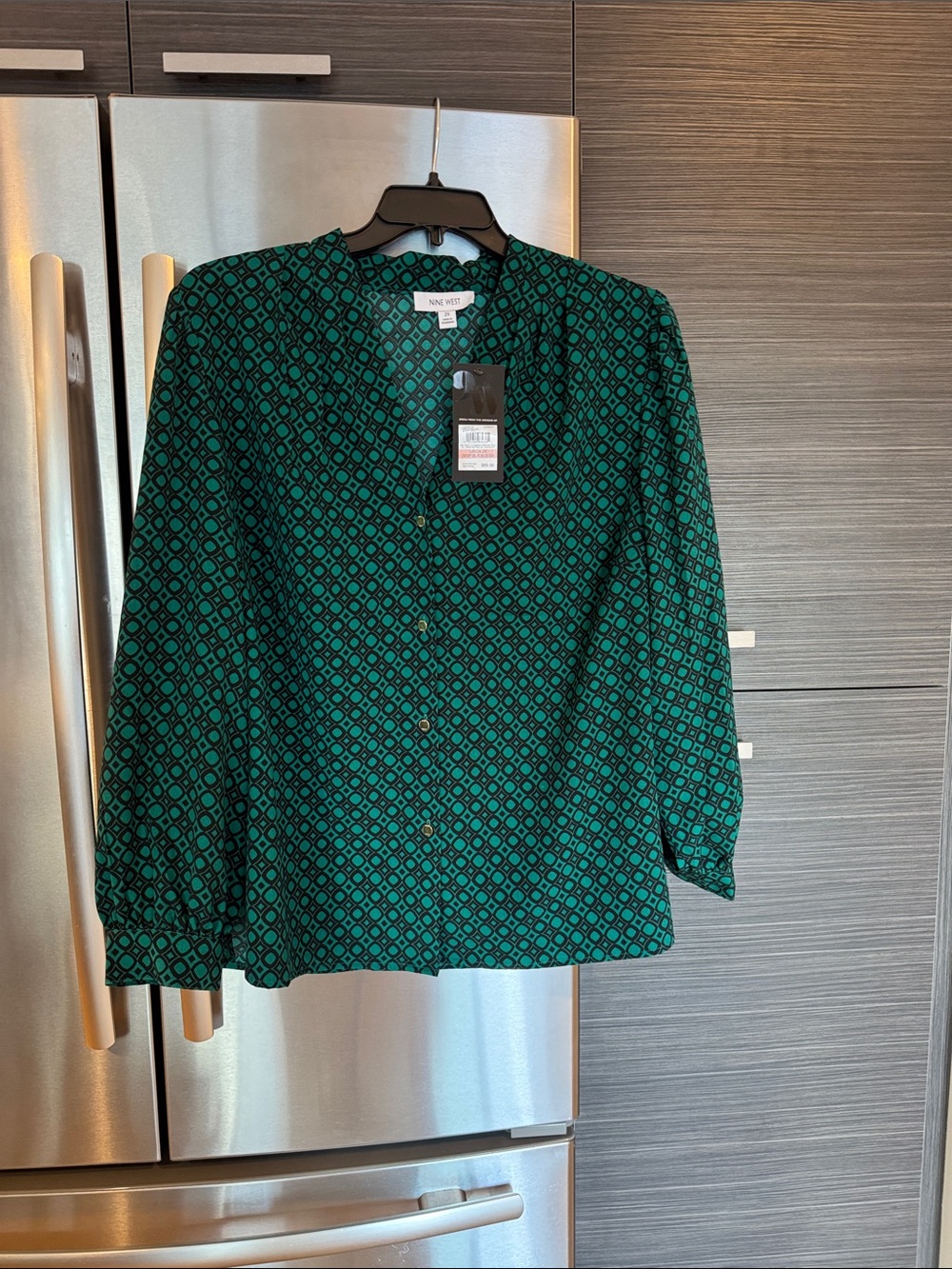 Nine West Teal and Black Geometric Button-Front Blouse - PLUS SIZE